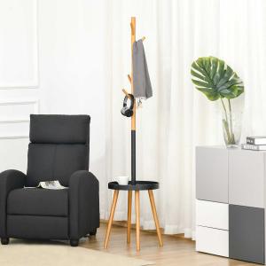 HOMCOM Perchero de Pie con Mesita Auxiliar Redonda y 5 Ganchos con Altura Regulable para Abrigos Sombreros Bolsos 40x40x179 cm Madera Natural y Negro