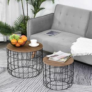 HOMCOM Conjunto de 2 Mesitas Auxiliares Apilables Mesa de Centro Estilo Industrial con Tapa Extraíble y Cesta Metálica Ø50x41 cm y Ø40x36,5 cm Madera y Negro