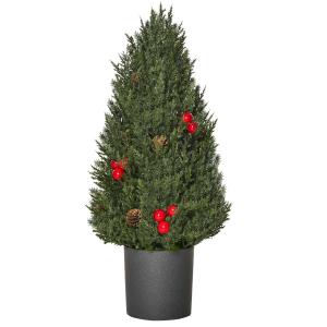 HOMCOM kerstboom 50 cm kerstboom cypress kerstboom met 7 rode bessen en 6 dennenappels kunstspar 170 takken voor tafel en bureau PVC PE groen Ø27 x 47 cm