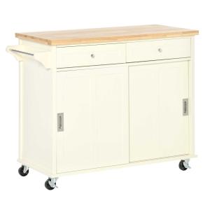 HOMCOM Carrito de Cocina Carro de Servicio Multifuncional con Ruedas 2 Puertas Correderas 2 Cajones y Barra de Colgar 110x49,5x89,5 cm Crema