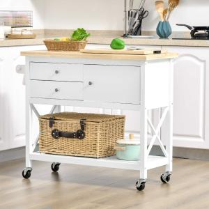 HOMCOM Carrito de Cocina Carro de Servicio Multifuncional con Ruedas 2 Cajones Armario Estante Inferior y Barra Aparador Auxiliar 108x45x89 cm Blanco