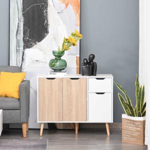 HOMCOM Aparador Auxiliar Mueble de Almacenaje de Salón con 2 Armarios con Puertas y Cajón de Madera para Sala de Estar Cocina Dormitorio 90x30x72 cm Blanco y Natural