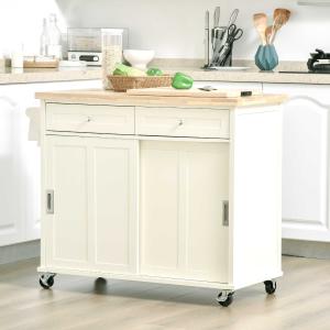 HOMCOM Carrito de Cocina Carro de Servicio Multifuncional con Ruedas 2 Puertas Correderas 2 Cajones y Barra de Colgar 110x49,5x89,5 cm Crema