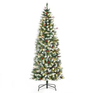 HOMCOM kerstboom 1,8 m kerstboom met 34 rode bessen dennenappels LED verlichting kunstspar 618 takken PVC staal groen + wit Ø65 x 180 cm