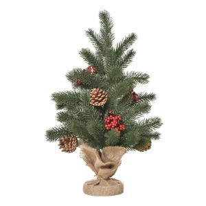HOMCOM kerstboom 50 cm kerstboom met 4 rode bessen en 4 dennenappels kunstspar 55 takken stabiele en duurzame basis voor tafel en bureau PE cement jute groen Ø28 x 50 cm