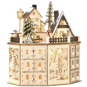 HOMCOM kerst adventskalender met 24 lades kerstkalender met LED verlichting adventskalender box MDF plaat naturel hout 25 x 20 x 29 cm