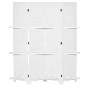 HOMCOM Biombo Separador de Madera de 4 Paneles Plegable con 3 Estantes 160x170cm Blanco