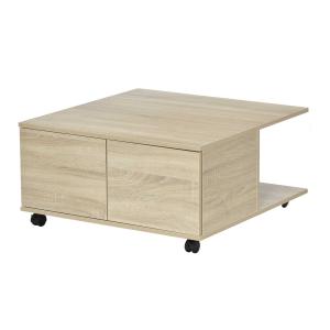 HOMCOM Mesa de Centro con Ruedas 2 Estantes y 2 Cajones Mesa Movible 70x70x35cm Natural