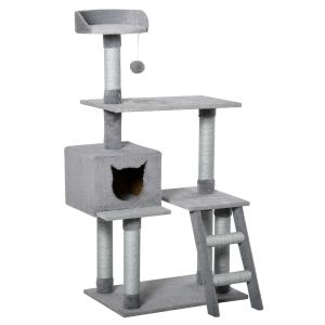 PawHut Árbol Rascador para Gatos Grande Altura 124 cm Torre de Escalada con Plataformas Escalera Cueva Postes de Yute y Bola Colgante Juego y Descanso 60,5x40x124 cm Gris