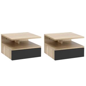 HOMCOM Set de 2 Mesitas de Noche Flotantes con 1 Cajón y Estante Abierto Diseño Moderno Montado en la Pared 35x32x22,5 cm Roble y Negro