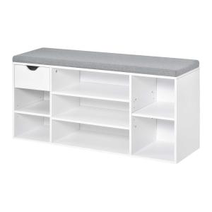 HOMCOM schoenenbank zitbank kist met planken kussens lade entree grote opbergruimte verstelbare spaanplaat schuim linnenachtig polyester wit + grijs 101 x 29 x 47,5 cm