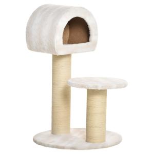 PawHut kattenkrabpaal kattenspeelgoed klimboom sisal bekleding ligvlak met bal spaanplaat fluweelzacht polyester sisal beige + lichtbruin 60 x 60 x 93 cm