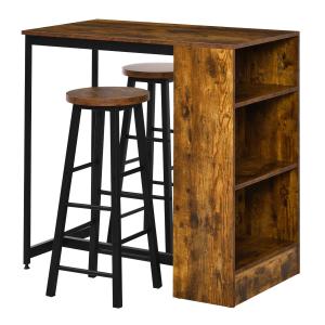 HOMCOM 3 Piece Industrial Style Bar Table Set, Pub Dining Table Set Height Table and 2 Stools with Storage Shelf for Kitchen, Living Room, Coffe Shop, Rustic Brown