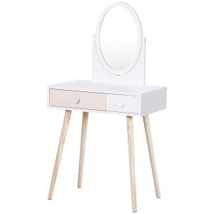 HOMCOM Kids Dressing Table w/ Mirror 2-Drawer Cute Heart Handles Bedroom Play Room Storage Elegant Wood Legs -White&Pink