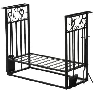 HOMCOM Vintage Style Powder Coated Steel Firewood Log Rack Holder w/Shovel Broom Poker Tong Tools Hooks Indoor Outdoor Home Fireplace Log Wood Storage Black 60H x 75L x 30Wcm