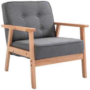 HOMCOM Mid-Century Wooden Accent Chair Lounge Armchair Retro Linen Fabric Upholstered w/ Arm Grey