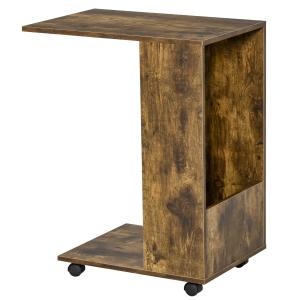 HOMCOM Mobile Sofa Side Table C-Shape End Table with Storage and Casters for Laptop Coffee Snack, Rustic Brown