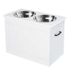 PawHut Raised Dog Bowls Pet Feeding Storage Station with 2 Stainless Steel Bowls Base for Large Dogs and Other Large Pets, White