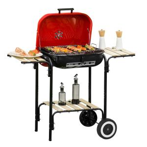 Outsunny Charcoal Trolley BBQ Barbecue Grill Patio Camping Picnic Garden Party Outdoor Cooking with Lid Wheels Side Trays and Storage Shelf
