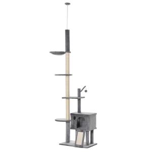PawHut 270cm Floor To Ceiling Cat Tree Cat House Scratching Post Hammock Hanging Ball Activity Center Grey