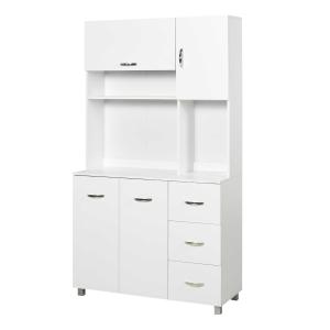 HOMCOM Freestanding Kitchen Storage Unit w/ Cupboard Cabinets Open Compartments Drawers Metal Handles Side Shelf Server Home Organisation Furniture White