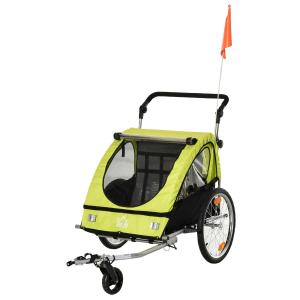HOMCOM Child Bike Trailer 2 In1 Foldable Baby Stroller 2-Seater Transport Carrier with Adjustable Handlebar Storage Bag Reflector Flag 160L x 84W x 106H cm Green