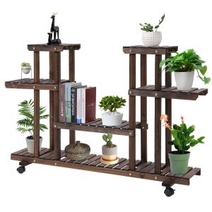 Outsunny 4-Tier Floor-standing Flower Rack Wood Plant Stand For Indoor & Outdoor Garden Balcony Living Room w/ Wheels & Handle 123.5L x 33W x 80H cm, 8 Pots