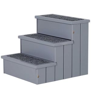 PawHut 3 Step Wooden Carpeted Pet Stairs Ramp Steps for Cats and Small Dogs with Non-Slip Carpet 40.5 x 44.5 x 38cm Grey