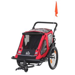 HOMCOM Child Bike Trailer 2 In1 Foldable Baby Stroller 2-Seater Transport Carrier with Adjustable Handlebar Storage Bag Reflector Flag 118L x 83W x 96H cm(Stroller)Red