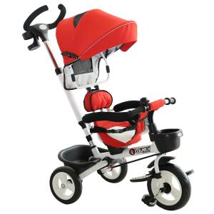 HOMCOM 4-in-1 Baby Tricycle Stroller Kids Folding Trike Detachable Canopy Pushing Handle Learning Bike Ride On Red