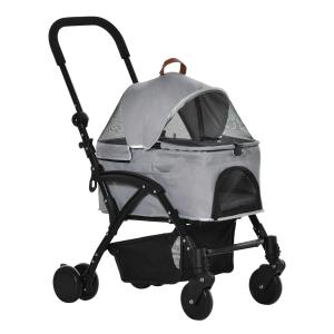 PawHut No-zip Detachable Pet Stroller Foldable Dog Cat Travel Carriage 2-In-1 Design Carrying Bag with Universal Wheel Brake Canopy Basket Storage Bag Grey