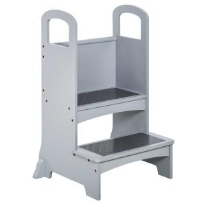 HOMCOM Kids Wooden Step Stool Learning Tower Kitchen Helper w/ Non-Slip Panels Handles Child Toddler Home Help 3 - 8 Yrs Grey