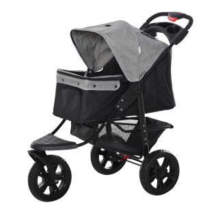 PawHut Folding Pet Stroller 3 Wheel Dog Jogger Travel Carrier Adjustable Canopy Storage Brake Mesh Window for Small Medium Dog Cat Grey