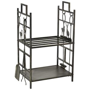 Outsunny 77cm Tall 2-Tier Wrought Iron Fireplace Firewood Holder Basket Outdoor Indoor Heavy Duty w/ 4 Tools Shovel Broom Tong Firestick Black Gold Tone