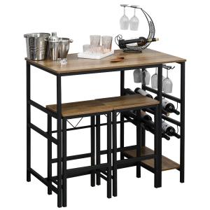 HOMCOM 3 Pieces Dining Table and Chair Bar Bistro Set with 8-bottle Wine Rack and Cup Holder, Metal Frame for Kitchen, Dining Room, Living Room, Pub