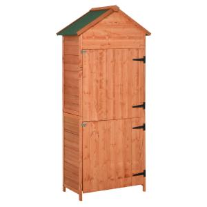 Outsunny 89 x 50cm 4-Tier Wooden Garden Storage Shed 3 Shelves Utility Gardener Cabinet Lockable Double Doors Tool Kit Storage - Natural