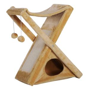PawHut Two Tier Cat Tree Play Rest Activity Tower Plush Folding Relax Center w/ Scratching Post Hammock Pom Poms Yellow