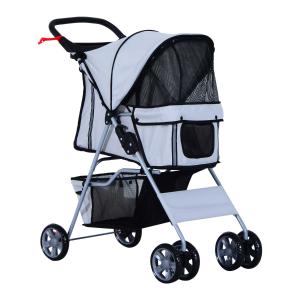 PawHut Pet Stroller for Small Dogs Cats Foldable Travel Carriage with Wheels Zipper Entry Cup Holder Storage Basket Grey