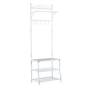HOMCOM Entryway Multipurpose Metal Cloth Stand 3 Tier Shoe Rack w/ 5 Hooks - White