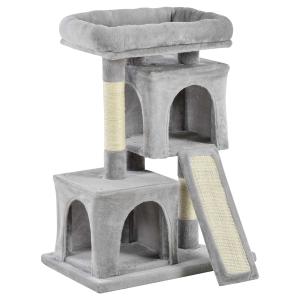 PawHut 83cm Cat Tree Plush Activity Center Sisal Scratching Post 2 House Cushion Perch Grey