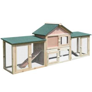 PawHut Deluxe Two-Storey Wooden Bunny Rabbit Hutch w/ Ladder Outdoor Run Box Slide-out Tray 210 x 45.5 x 84.5 cm