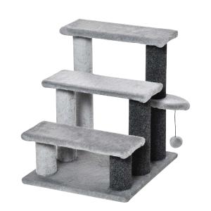 Pawhut Pet Stairs Dogs Cats Ladders Steps 3 Step Portable Funny Cozy Surface For Small Or Aging Pet With Cat Ball, Grey