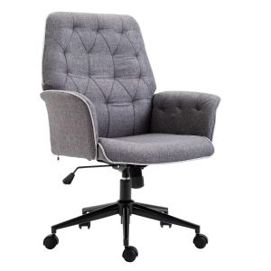 HOMCOM Linen Office Swivel Chair Mid Back Computer Desk Chair with Adjustable Seat, Arm - Grey