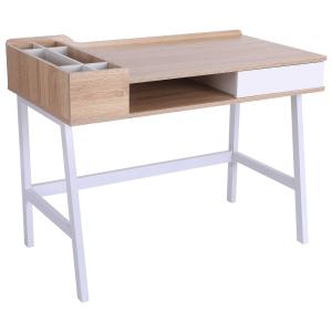 HOMCOM Computer Writing Desk Workstation with Drawer, Storage Compartments, Cable Management, Laptop Table Metal Frame Oak and White