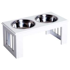 PawHut Stainless Steel Raised Dog Feeding Bowls with Stand for Small Dogs Elevated Twin Pet Bowls Water Food Feeder 58.4L x 30.5W x 25.4H cm - White