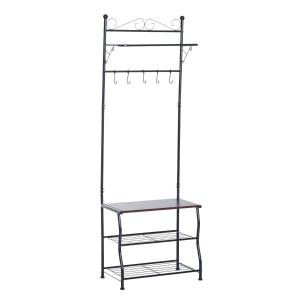 HOMCOM Entryway Multipurpose Metal Cloth Stand 3 Tier Shoe Rack w/ 5 Hooks - Black