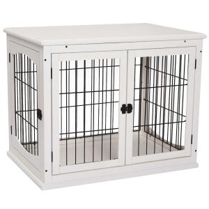 PawHut Pet Crate End Table Wooden Dog Kennel Cage w/ Metal Wire 3 Doors Latches Small Animal House Modern Design Indoor White 81 x 58.5 x 66 cm