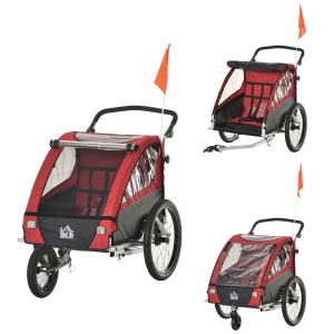 HOMCOM Child Bike Trailer 3 In1 Foldable Jogger Stroller 2-Seater Baby Stroller Transport Carrier with Shock Absorber System Adjustable Handlebar Storage Bag Red