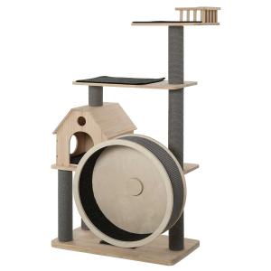PawHut 148cm Luxury Pine Wood Cat Tree Activity Center with Sisal Scratching Posts Board Perches Roomy Condo Carpet Cushion Rotating Runner, Natural