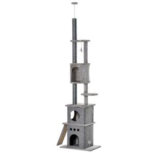 PawHut 255cm Floor To Ceiling Cat Tree Climber Scratching Post Adjustable Height Play Tower Removable Cover Grey